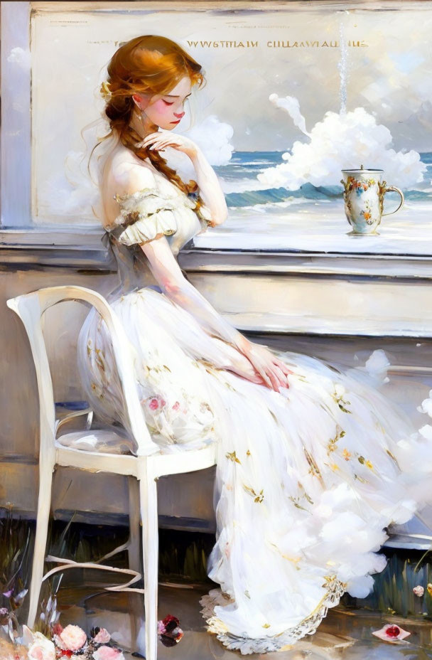 Woman in white floral dress sitting contemplatively with cup and sea view