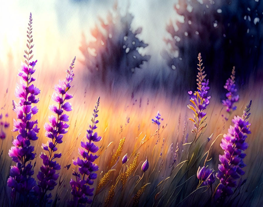 Vibrant purple flowers in warm, golden light on blurred natural backdrop