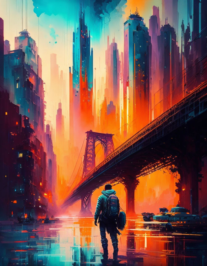 Figure walking towards futuristic neon-lit cityscape with skyscrapers and bridge under colorful sky.