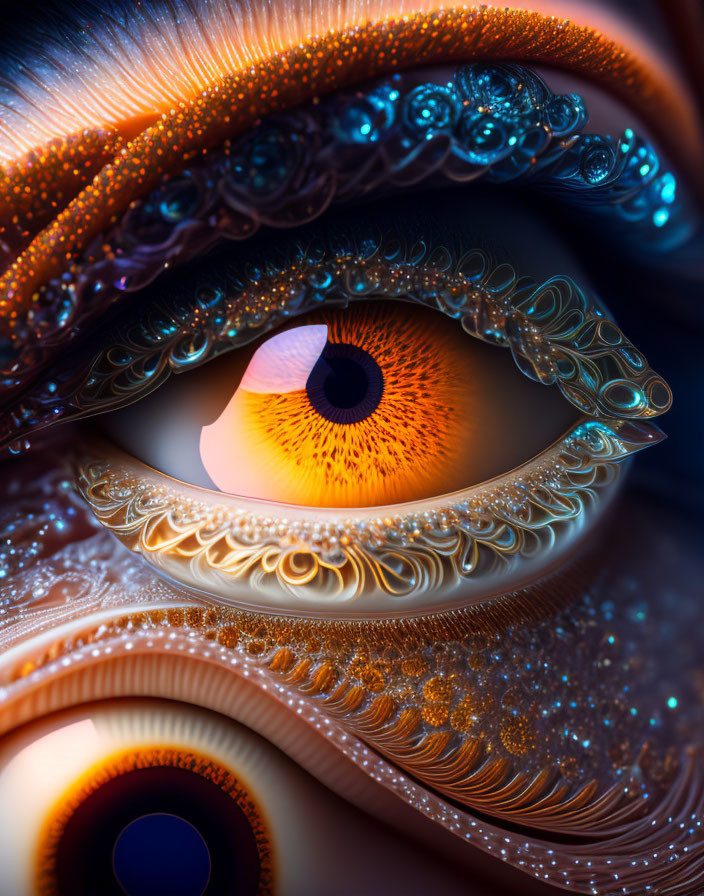 Eye digital artwork with golden patterns and vibrant colors