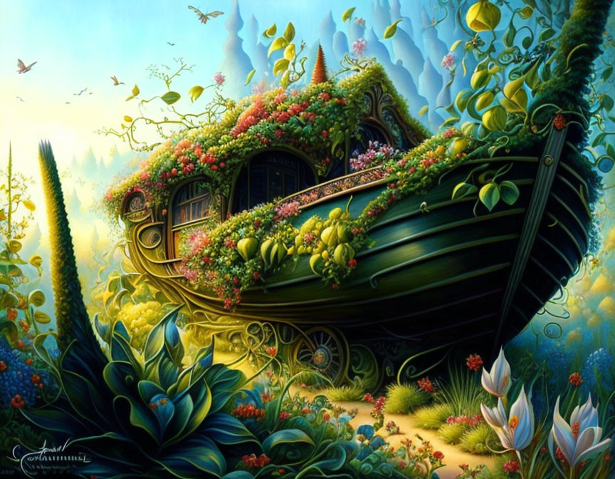 Enchanting painting: overgrown boat in lush flora with butterflies