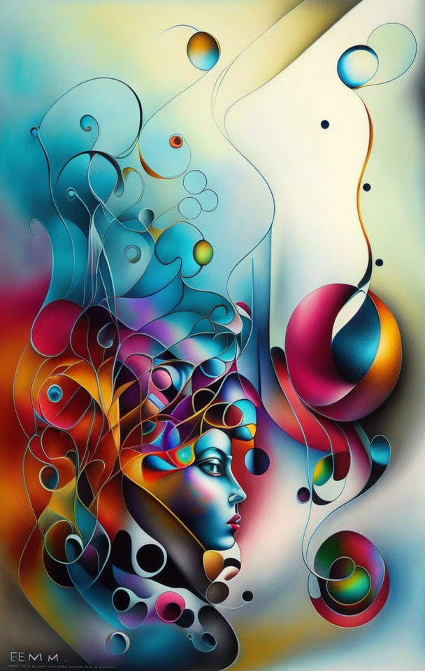 Vibrant abstract artwork: stylized face profile with flowing lines and shapes