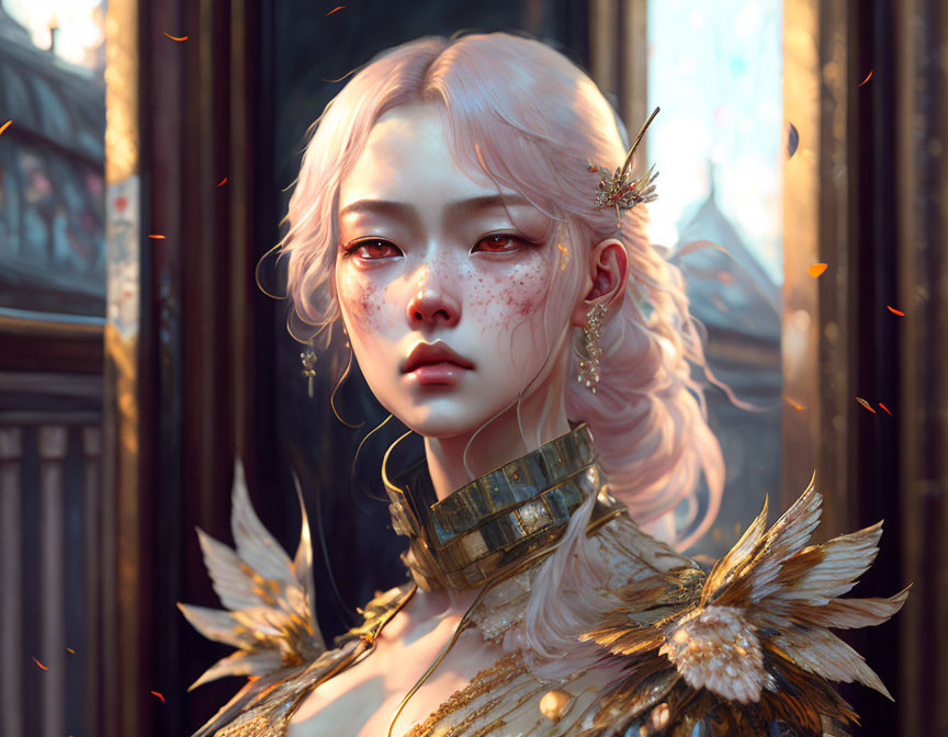 Pale-skinned female character with freckles, white hair, golden feathers, and jewelry on warm