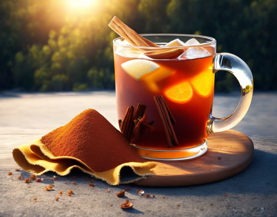 Warm Tea with Lemon and Cinnamon Sticks on Wooden Board at Sunset