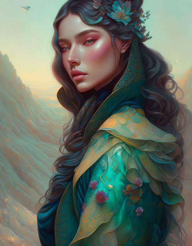 Digital artwork of woman with flowing hair and floral adornments in green cloak against mountain backdrop