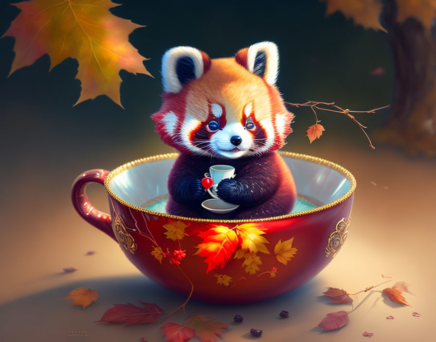 Illustrated red panda in teacup with autumn leaves.