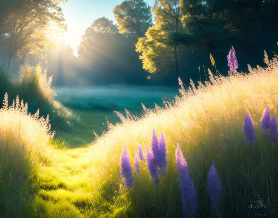 Sunlit Field with Purple Flowers and Tall Grass in Misty Morning