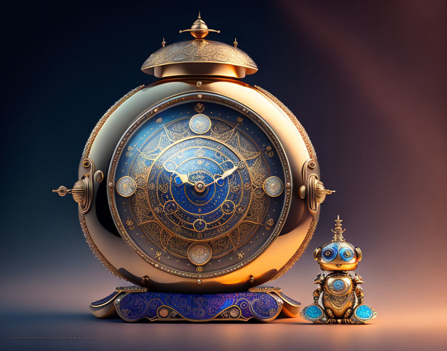 Intricate futuristic clock with detailed robot on gradient backdrop