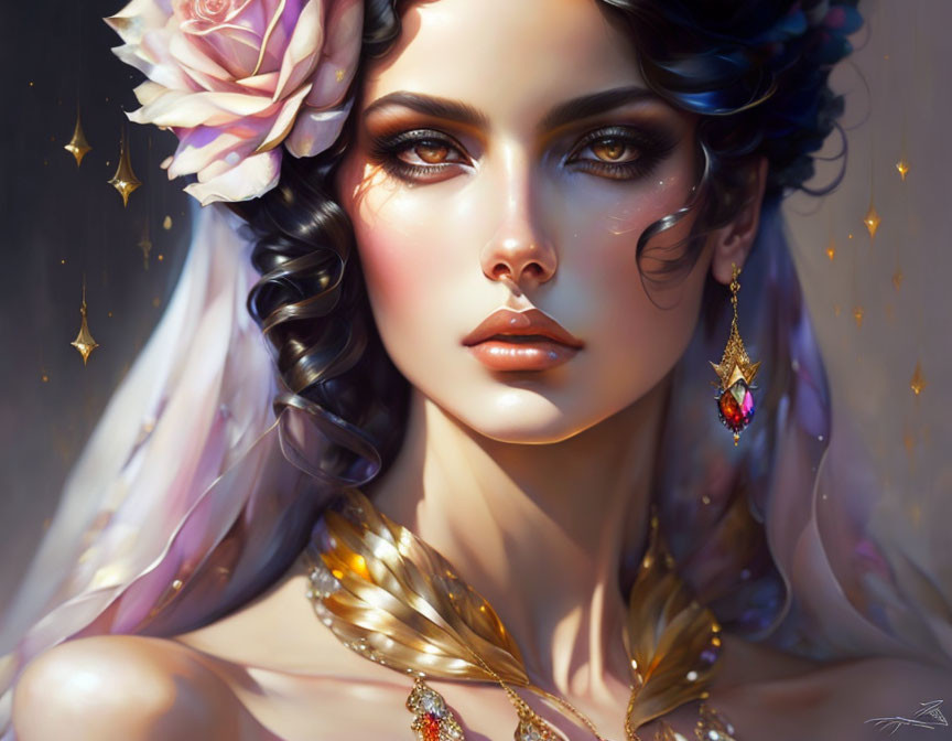 Digital Artwork: Woman with Pink Flower, Gold Jewelry, and Fantasy Beauty