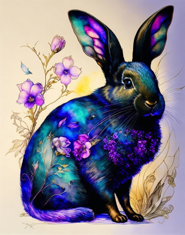 Colorful Rabbit Illustration with Floral Patterns in Blue and Purple