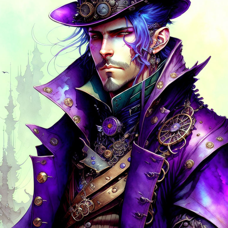 Blue-haired character in purple Victorian coat with clock components, fantasy castle backdrop