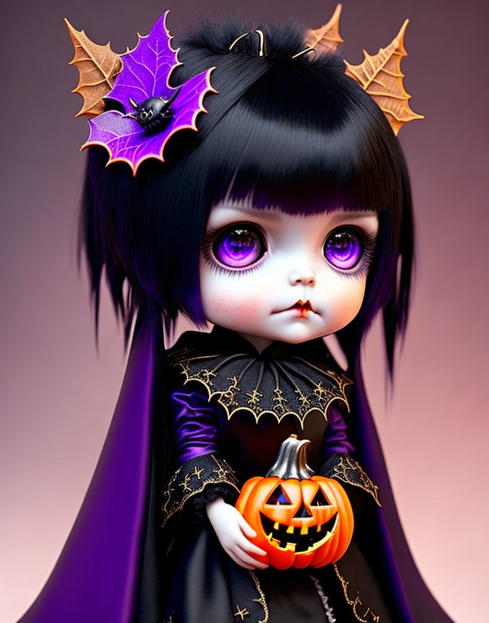 Gothic-style doll with purple eyes holding a pumpkin and bat-themed accessories