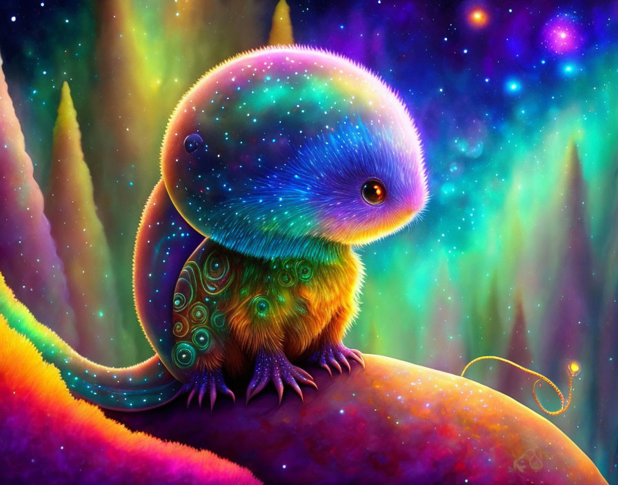 Colorful whimsical creature with peacock-like tail in surreal landscape