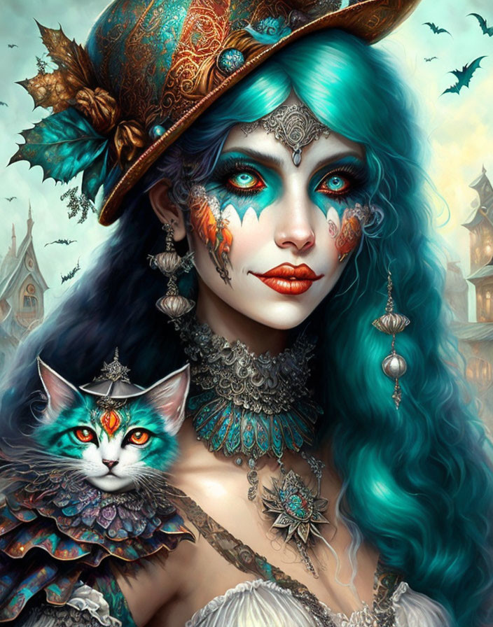 Fantasy illustration of woman with vibrant blue hair and cat with matching aesthetic.