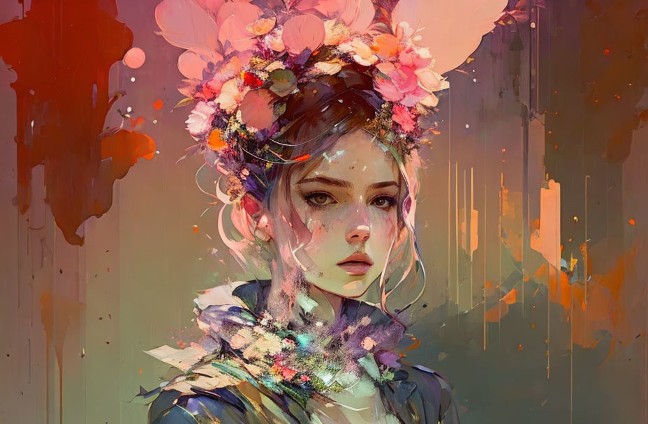 Young woman with floral crown in vibrant colors and soft brush strokes