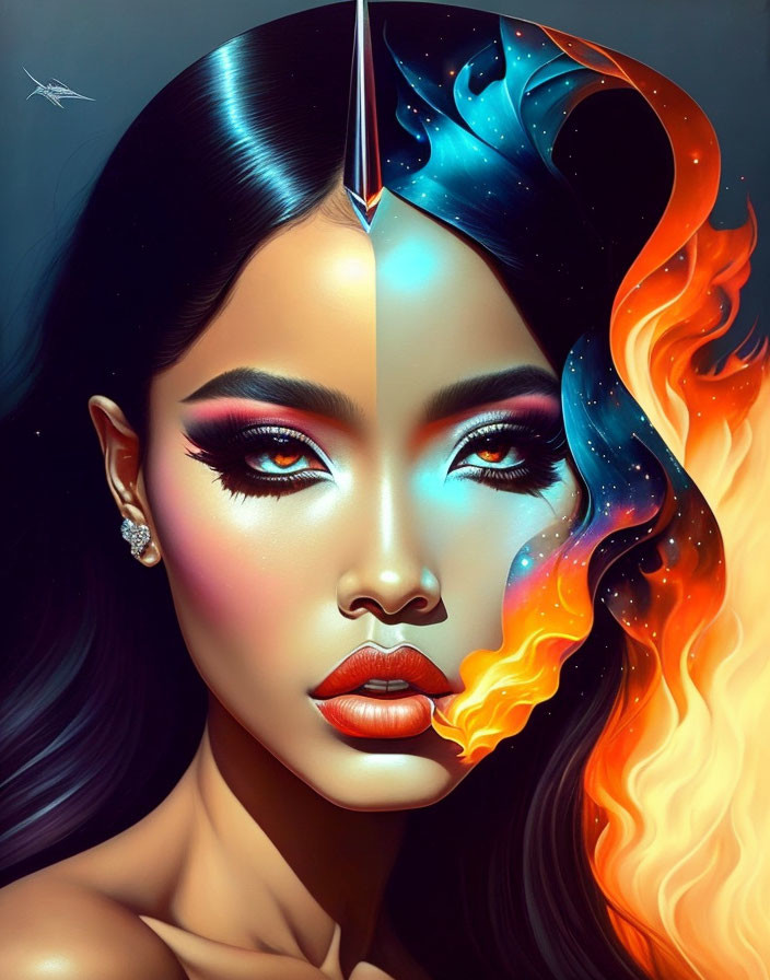 Stylized portrait of woman with blue cosmic hair and orange flames, featuring spear element