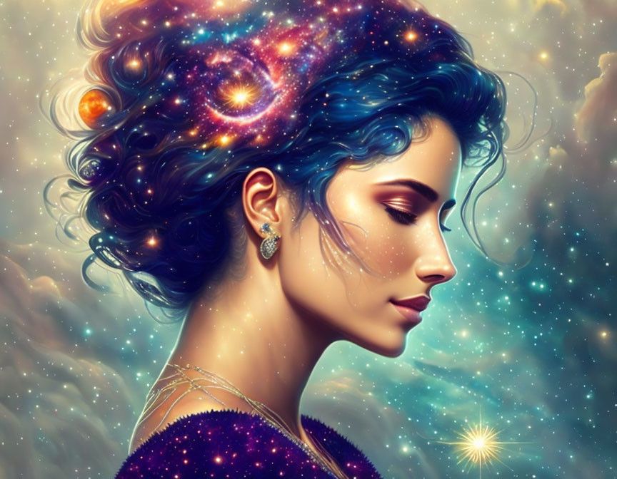 Digital artwork: Woman with galaxy-themed hair on starry background