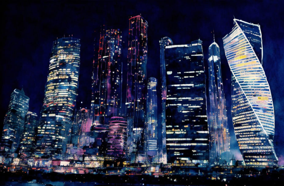 Impressionistic cityscape painting with illuminated skyscrapers