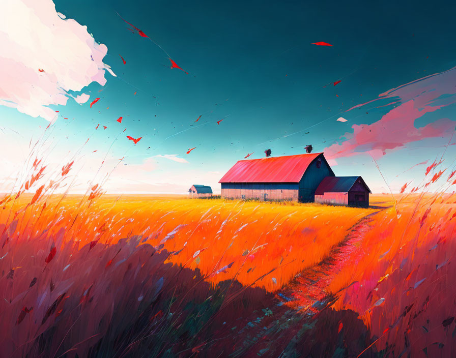 Colorful digital artwork: rural scene with red barn, golden fields, vivid sky, red leaves.