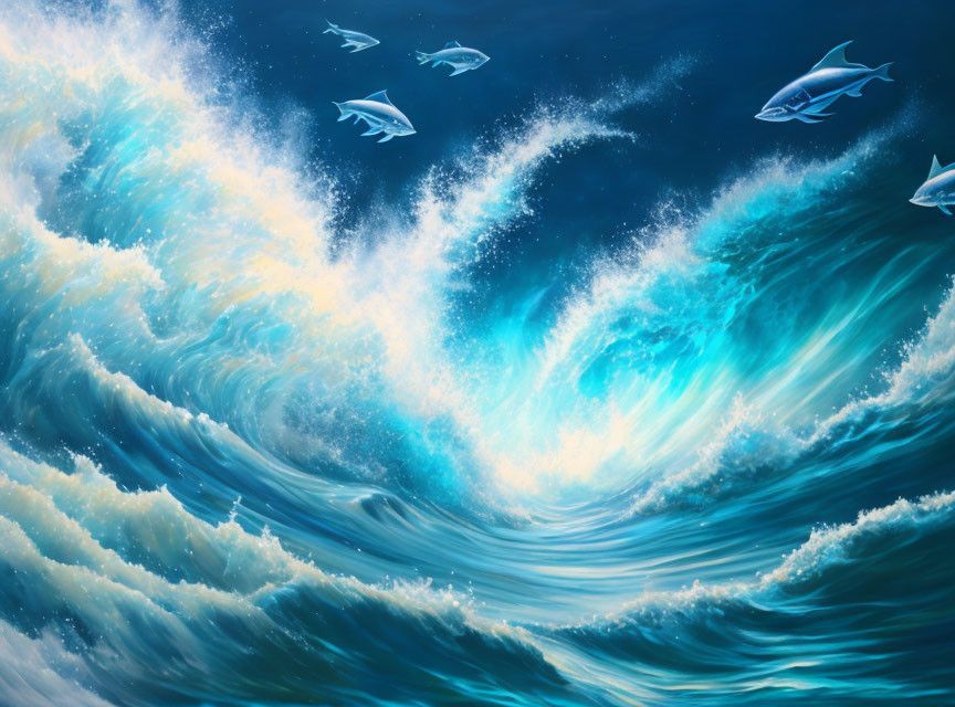 Dynamic Blue Ocean with Cresting Waves and Flying Fishes