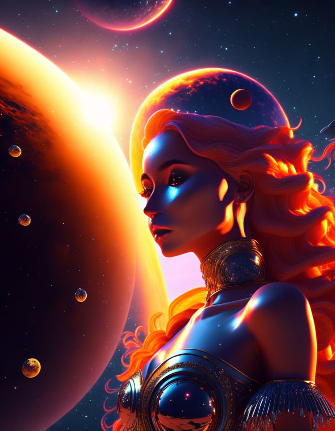 Surreal portrait of a woman with orange hair and blue skin in cosmic setting