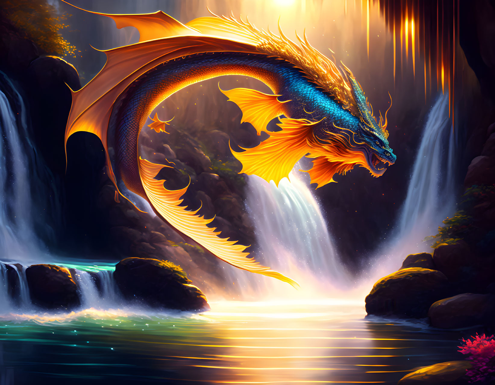 Mythical dragon artwork: Vibrant orange and blue scales above serene forest waterfall