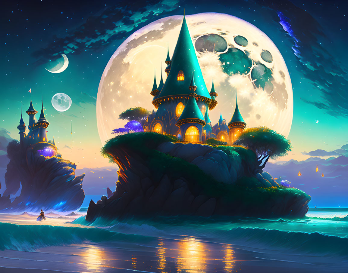 Enchanting castle on island at night with multiple moons, stars, and person on beach