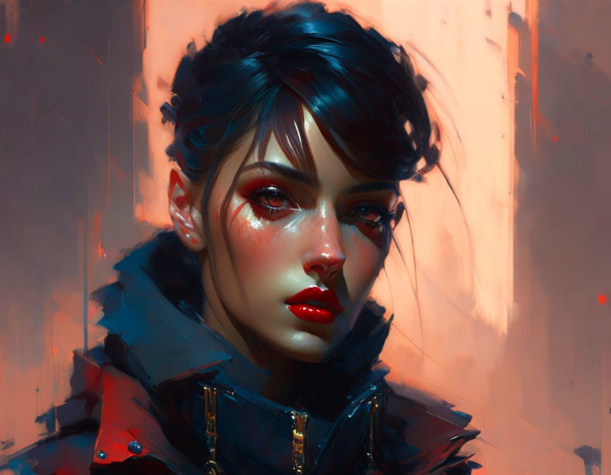 Striking red makeup on woman with dark hair in digital portrait