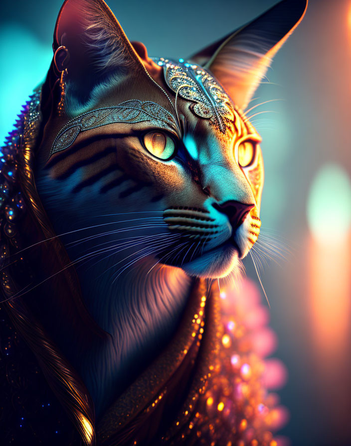 Digital Art: Majestic Cat with Tribal Markings and Golden Headpiece