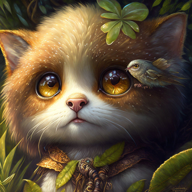 Fluffy kitten with amber eyes and bird on green background