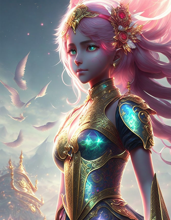 Pink-haired female character in gold and turquoise armor with feathers and soft light.