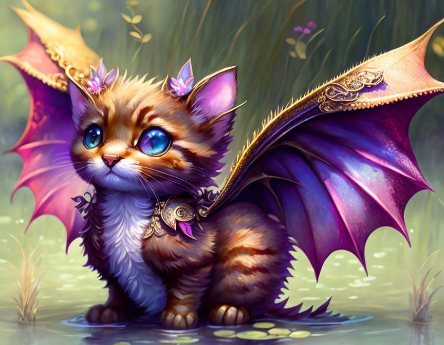 Whimsical cat illustration with bat-like wings and gold details