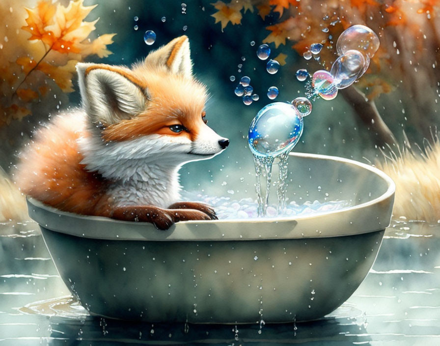 Fox in Bowl with Bubbles, Autumn Leaves, and Snowflakes