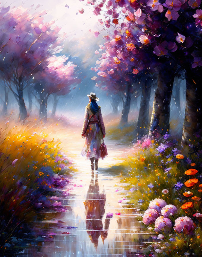 Person in Hat Walking Through Colorful Forest with Vibrant Flowers