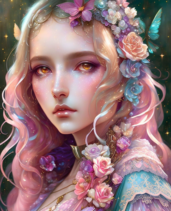 Fantasy female character with multicolored hair and floral outfit