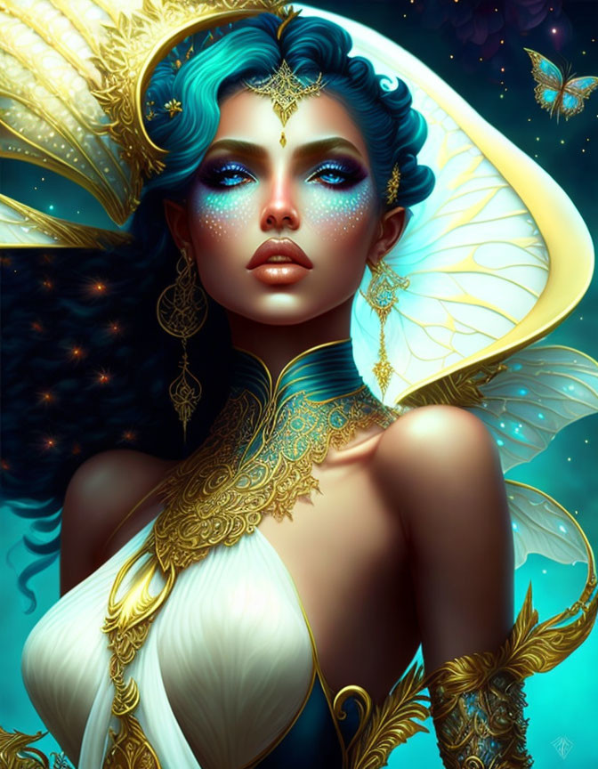 Fantasy woman with blue hair, gold headpiece, tattoos, and butterfly wing