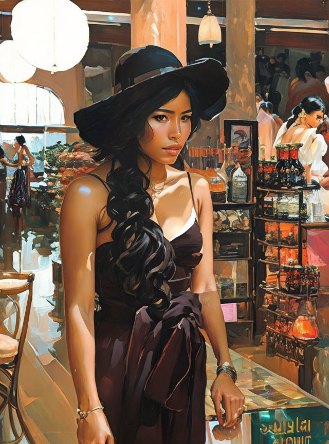 Sophisticated woman in black hat and dress at vibrant market scene.