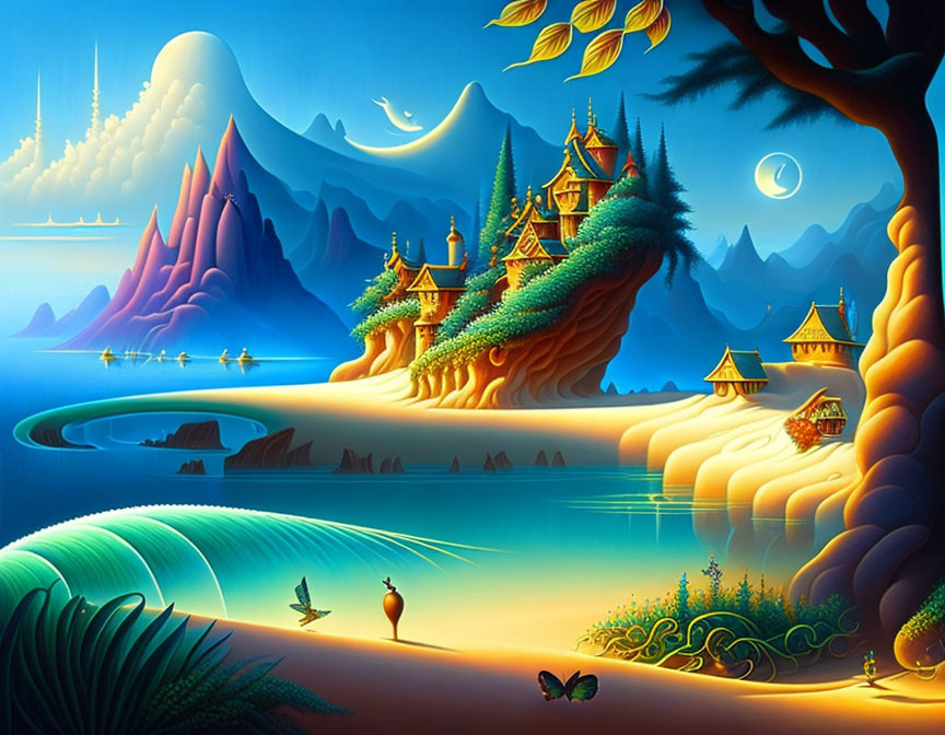 Asian-style Pagodas in Fantasy Landscape with Mountains, Moon, and Blue Sky