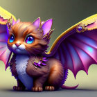 Whimsical cat illustration with bat-like wings and gold details