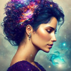 Digital artwork: Woman with galaxy-themed hair on starry background