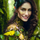 Fantasy portrait of woman with wavy hair in floral jewelry against vibrant forest.