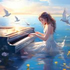 Woman playing grand piano on ocean waves with sailboats at sunset