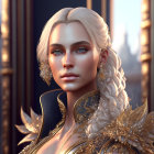 Pale-skinned female character with freckles, white hair, golden feathers, and jewelry on warm