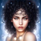 Celestial-themed makeup woman with dark curly hair holding glowing Earth orb