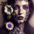 Colorful digital painting of woman with purple makeup and floral skin art on dark backdrop