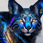 Vibrant blue galaxy cat face with golden details