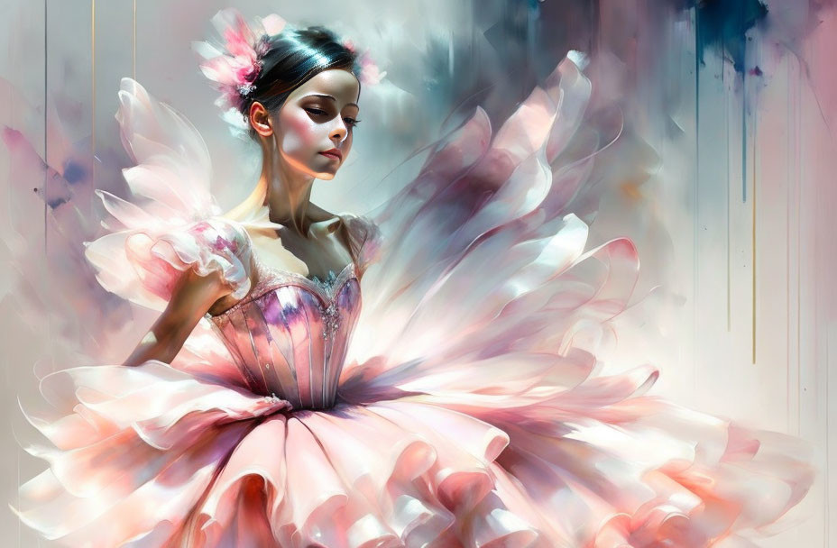 Ethereal woman in pink floral dress with soft light and colors