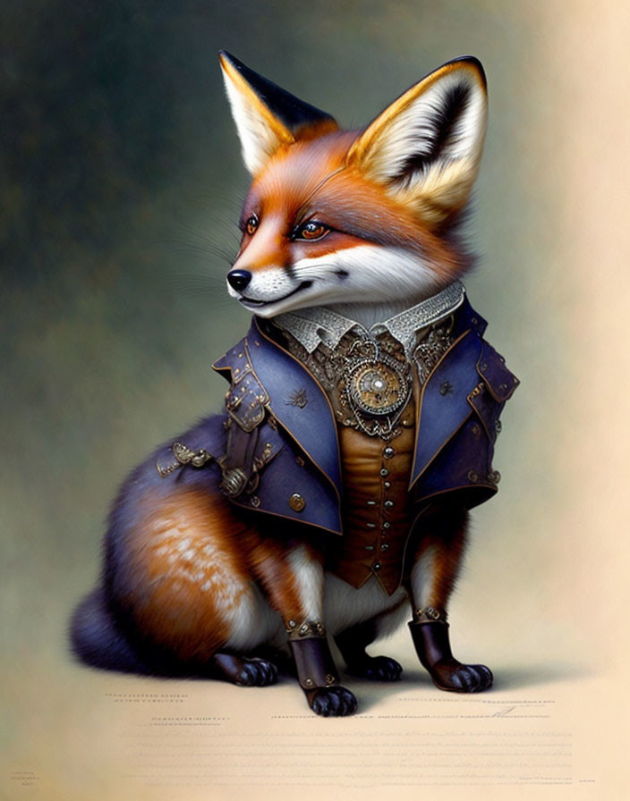 Red fox illustration with steampunk attire exudes whimsical charm