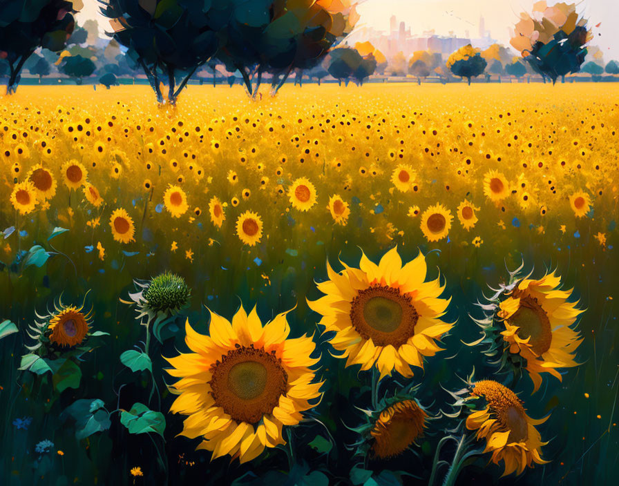 Sunflower Field with City Skyline, Trees, and Hazy Sky