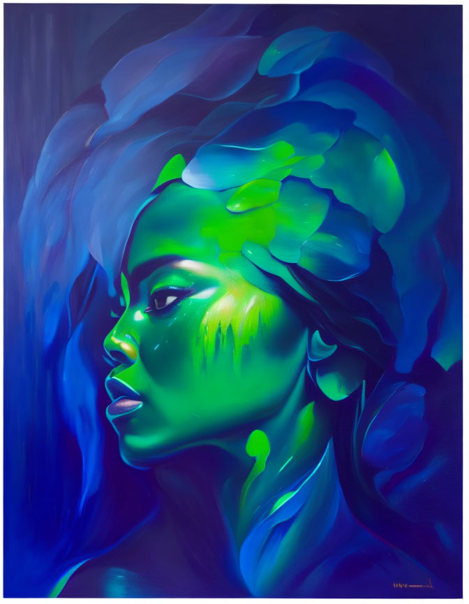 Colorful Portrait of Woman with Green and Blue Hues